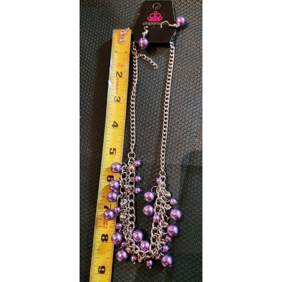 Purple Beaded Necklace Earring Set Silver tone Chain womens jewelry faux pearl - Picture 4 of 4